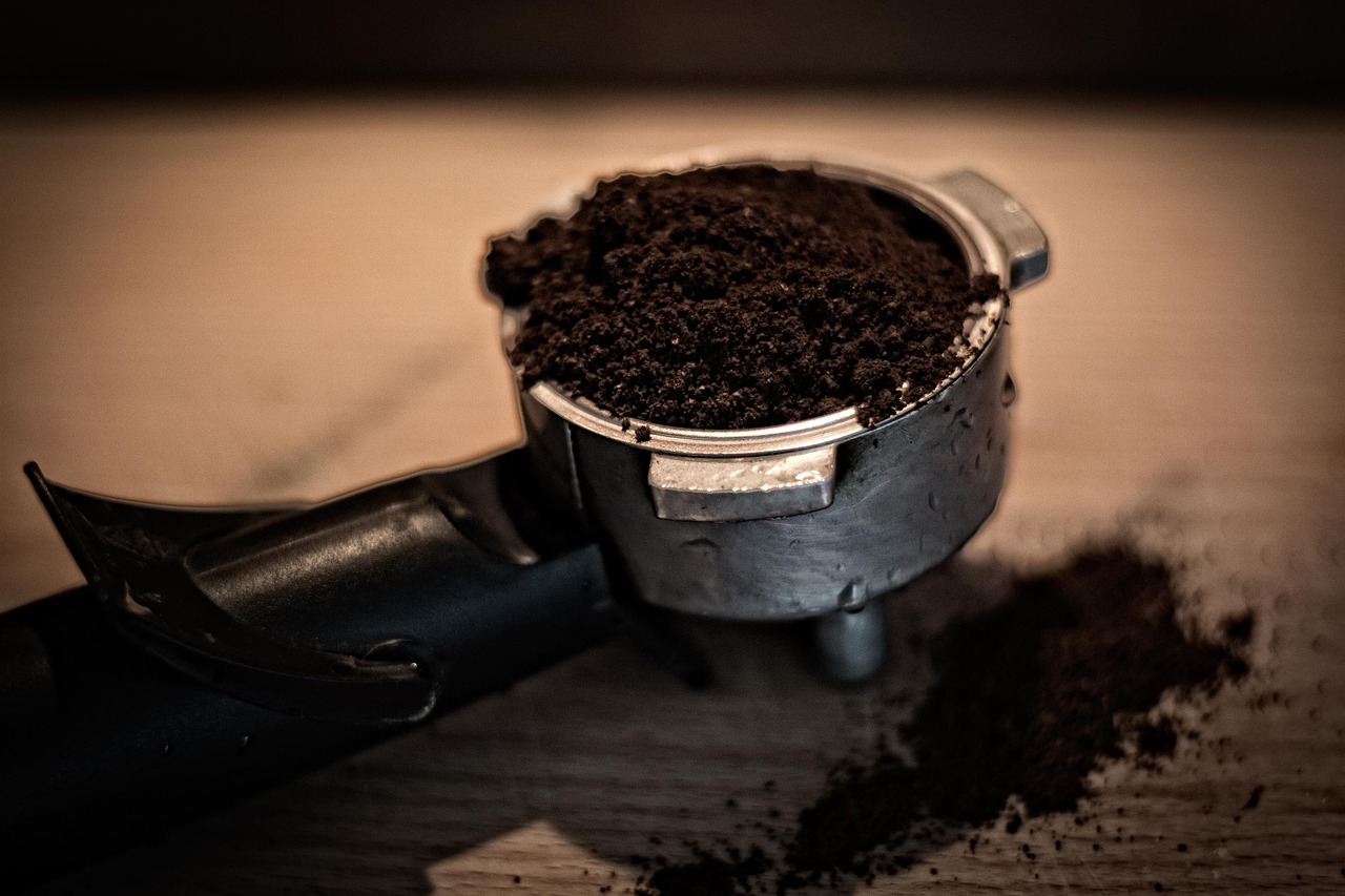 Fondi di caffè sparsi nel giardino vicino a piante verdi e fiorite.